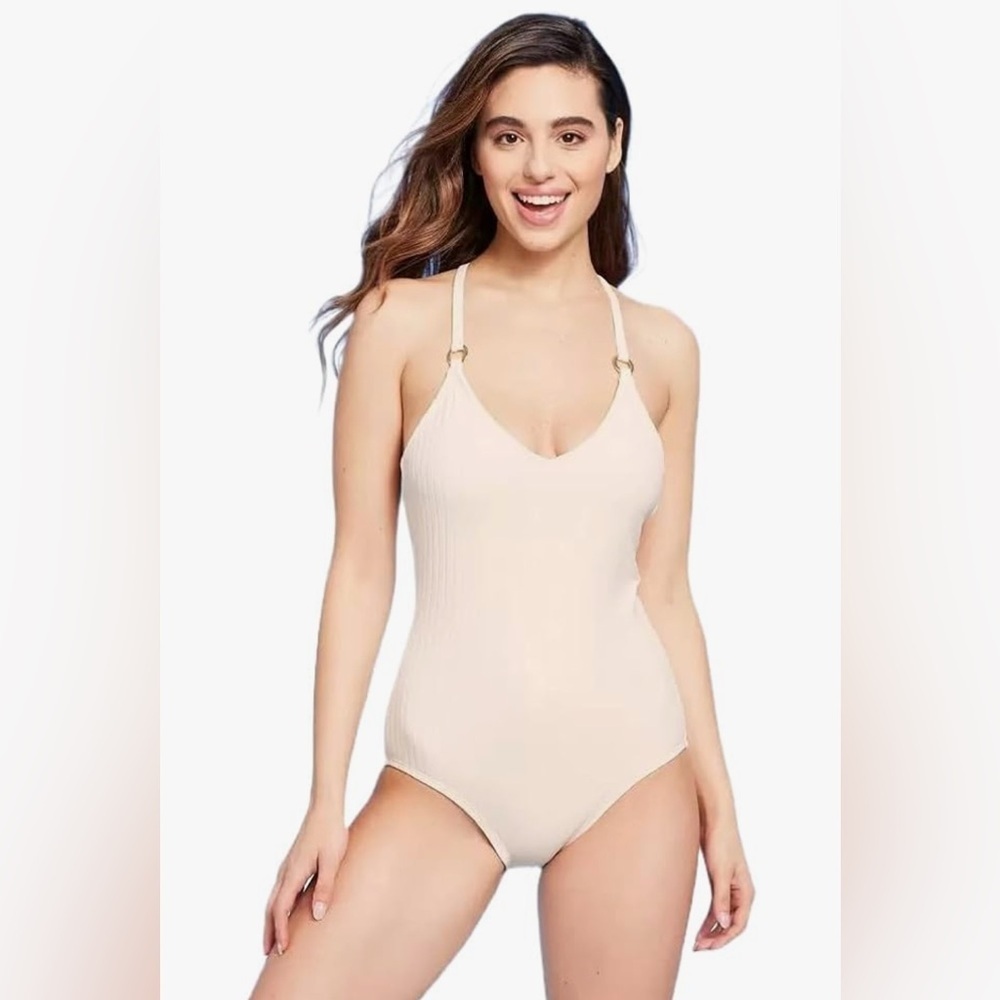 Kona Sol Cream Ribbed Ring Medium Coverage One Piece Swimsuit. Sz L - Picture 3 of 9